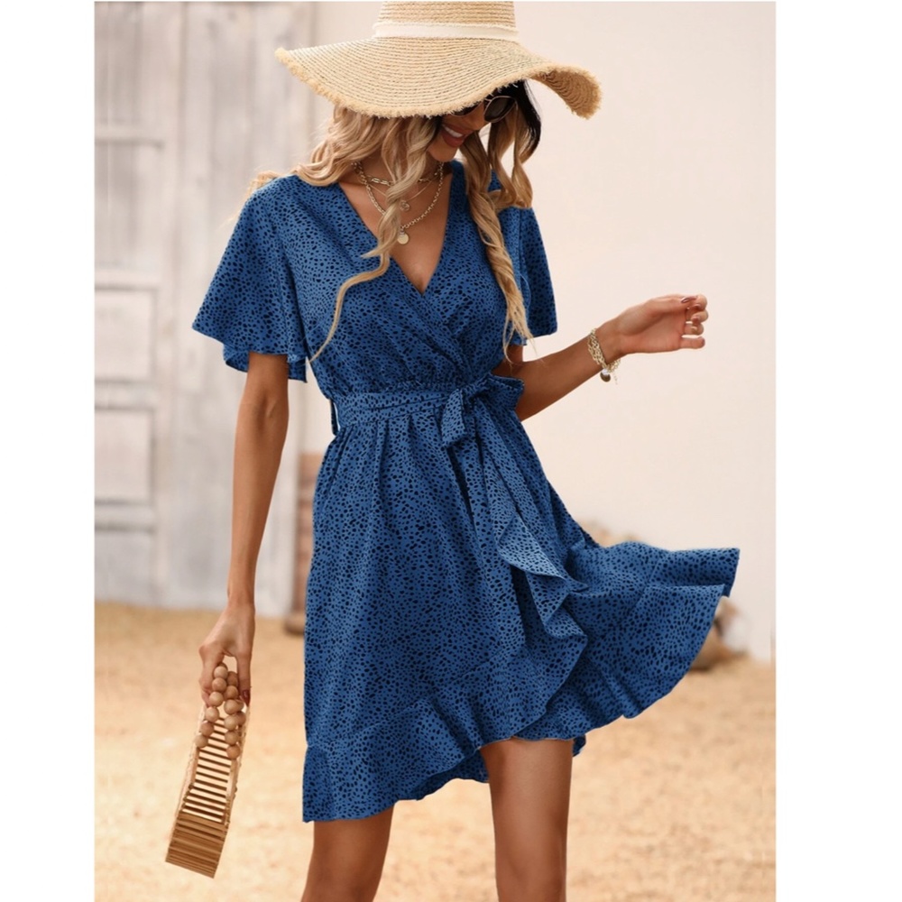 Blue with Black Spotted Print Wrap Mini Dress Short Sleeves Belted - Picture 2 of 6